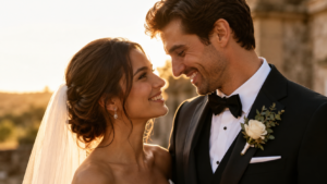 Pareja de novios sonriendo el día de su boda - Clínica Ivoria