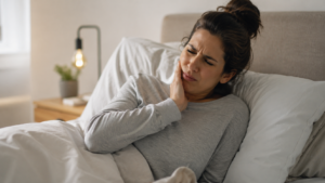 Mujer con dolor de mandíbula al despertar por bruxismo - Clínica Ivoria