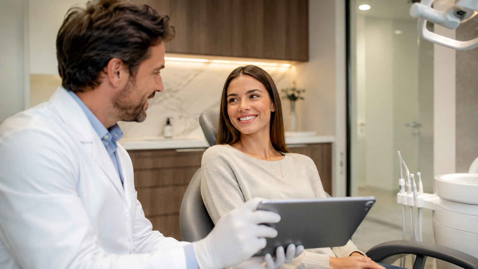 Odontólogo mostrando el diseño digital de la sonrisa a una paciente - Clínica Ivoria
